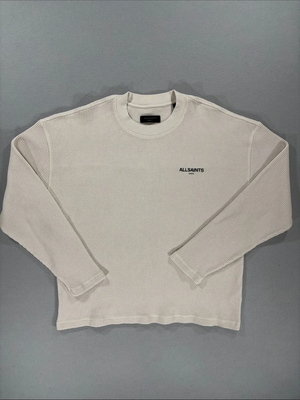 AllSaints Men’s Smoke White Waffle Crewneck Sweater M